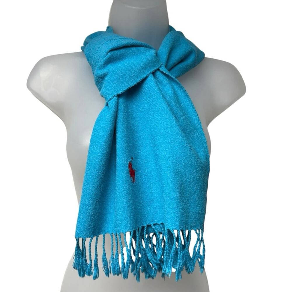Vintage Y2K Polo Ralph Lauren Scarf Turquoise Blue 100% Cotton Red Pony Preppy